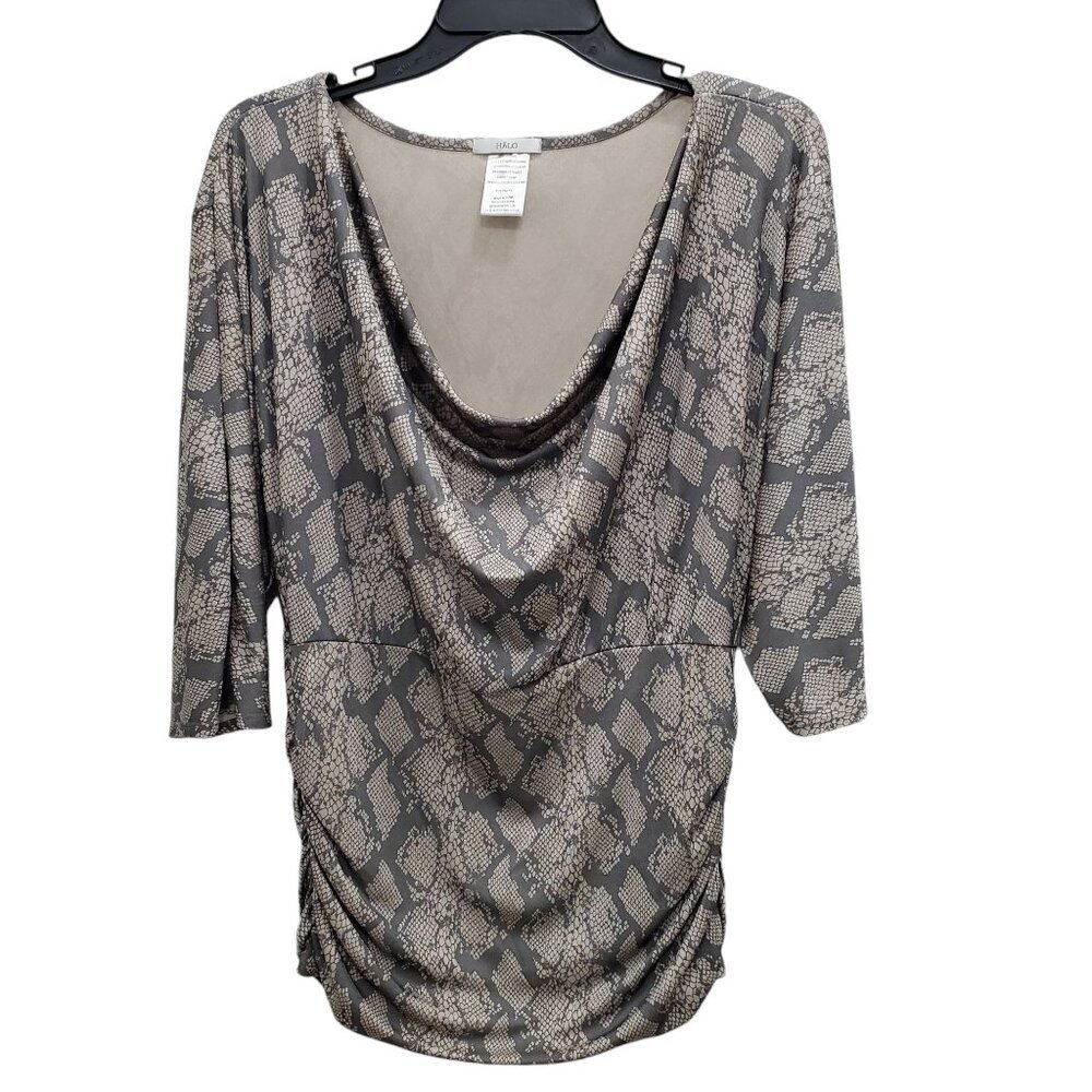 Halo  Women's Gray Silver Shimmer Snake Print‎ Ruched Sides Drape Neck 3/4 Top L